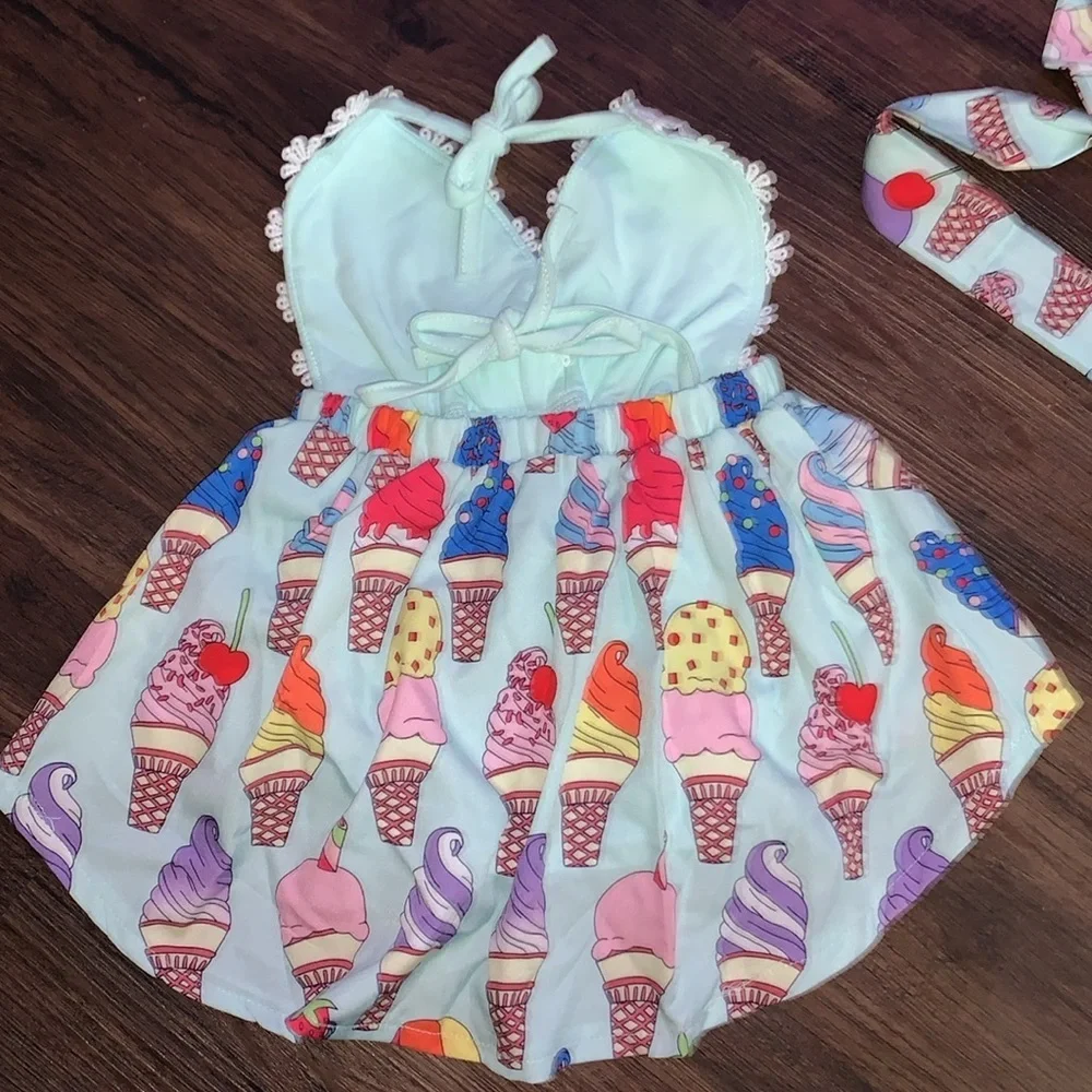 Kids ice cream cone halter top summer high‎ low dress with headband sz 24m NWOT